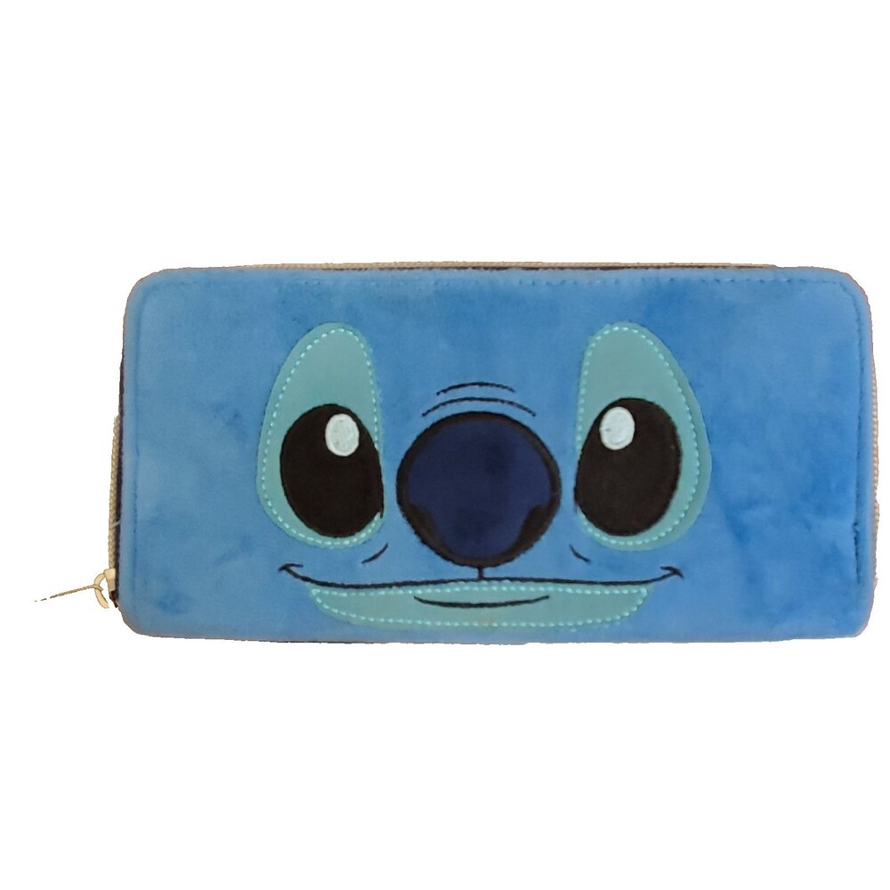 Disney Wallet Lilo & Stitch Face Blue Velvet Plush Cardholder Zips Inner Pockets